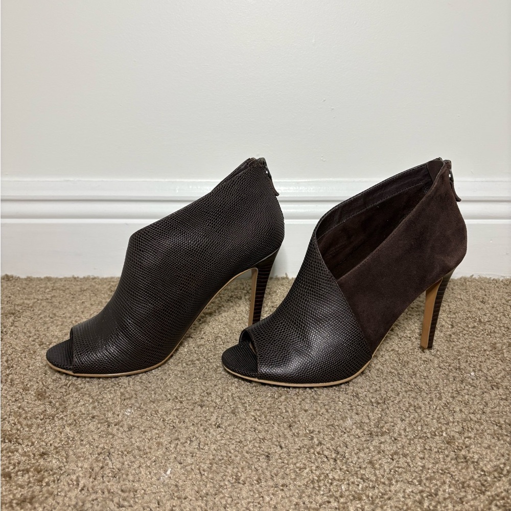 Halogen Dark Brown Textured Peep-Toe Stiletto Booties